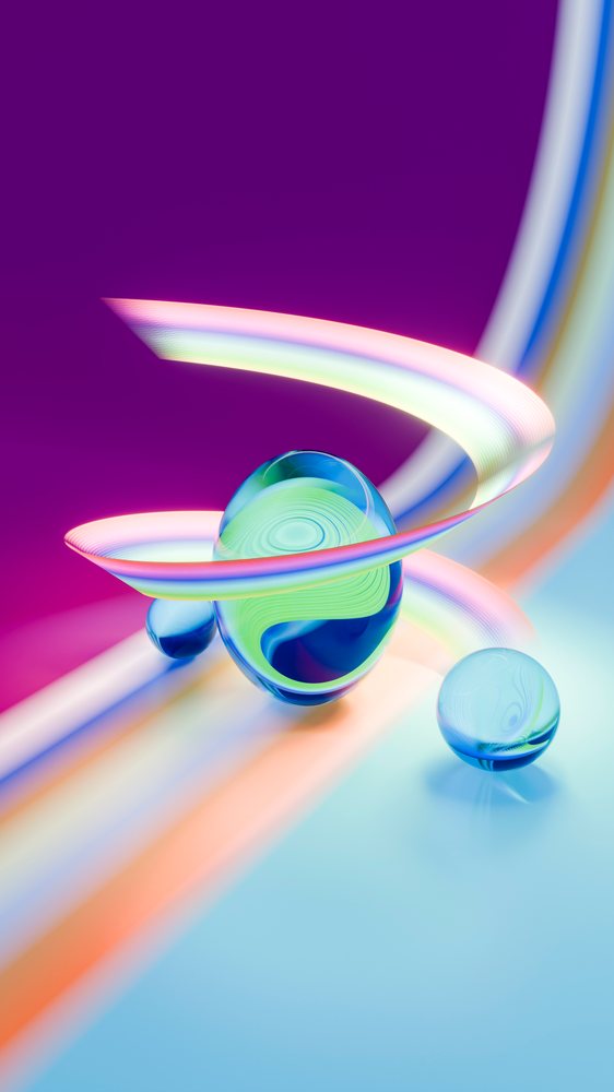 Three glossy 3D spheres with blue and green patterns swirl with a curved rainbow ribbon on a vibrant purple to blue gradient background in digital art.