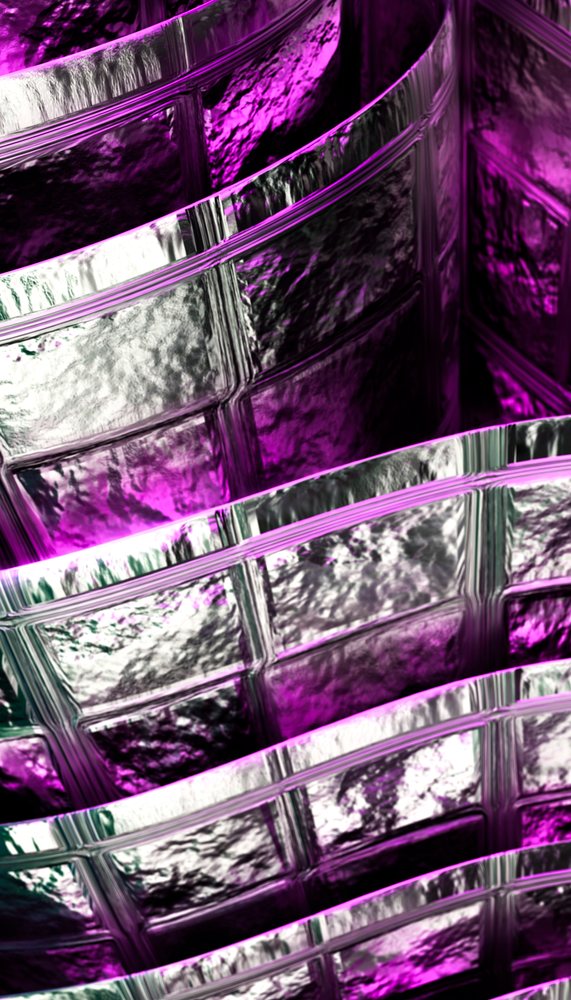 Curved textured glass block wall illuminated with purple light creating abstract patterns.