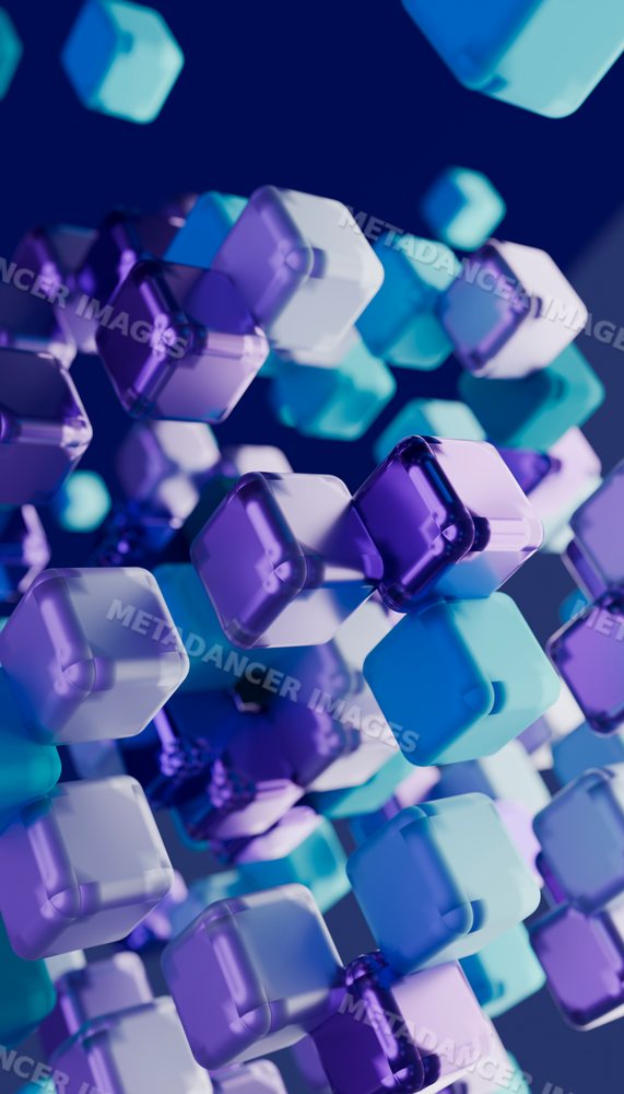 Colorful 3d rendering of transparent blue and purple cubes floating