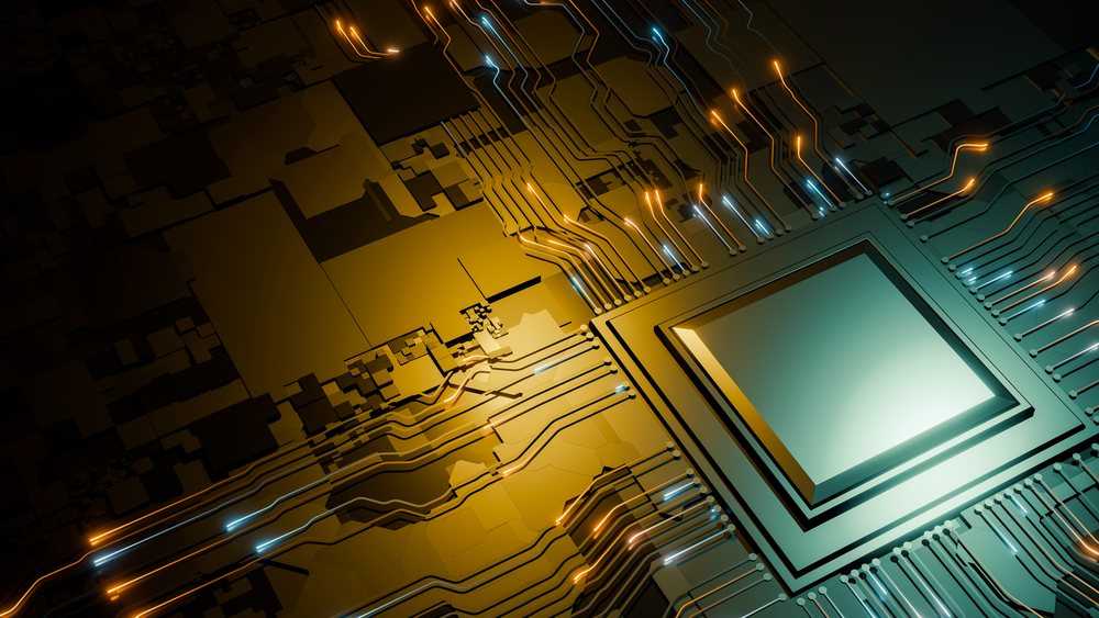 Microchip with glowing connections in an abstract render depicting digital circuitry and data flow.