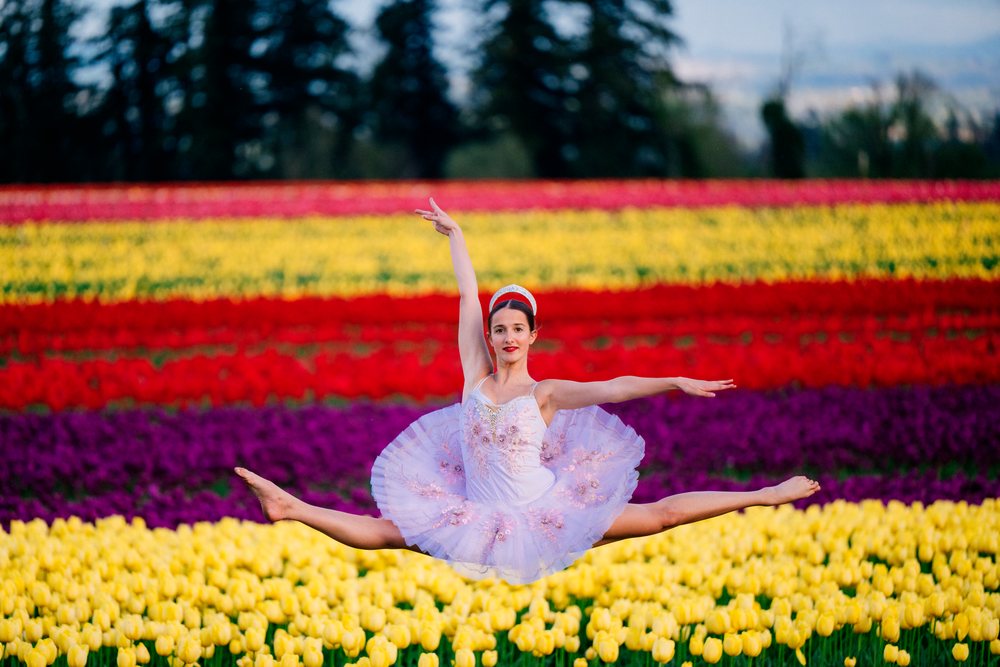 Ballet dancer in a pink tutu leaps gracefully over a colorful tulip field in the USA during spring.