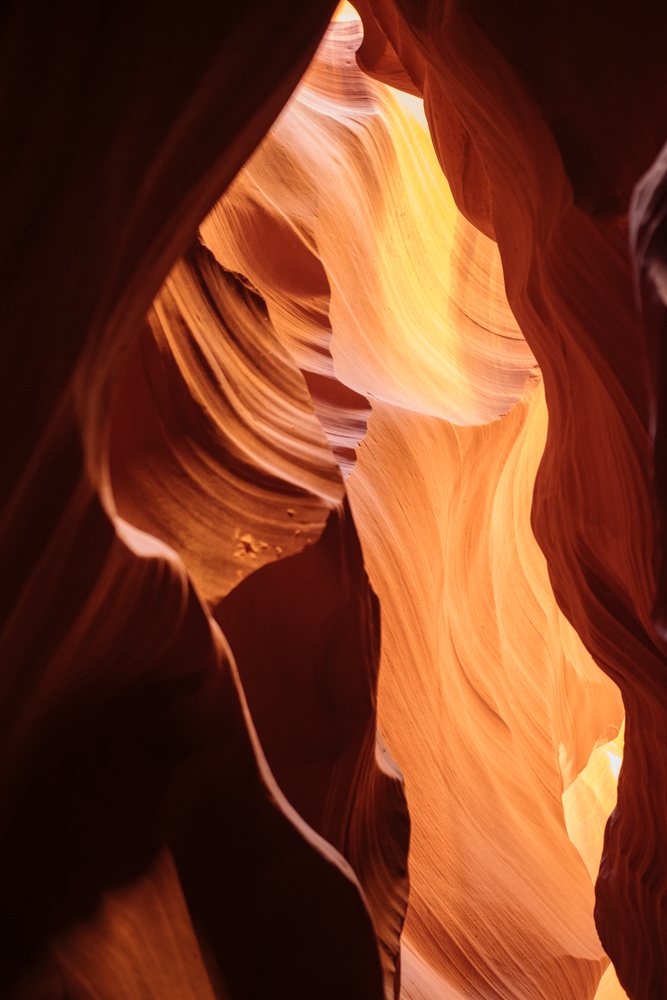 Interior view of sandstone slot canyon rock formations, Navajo Land, Arizona, USA.