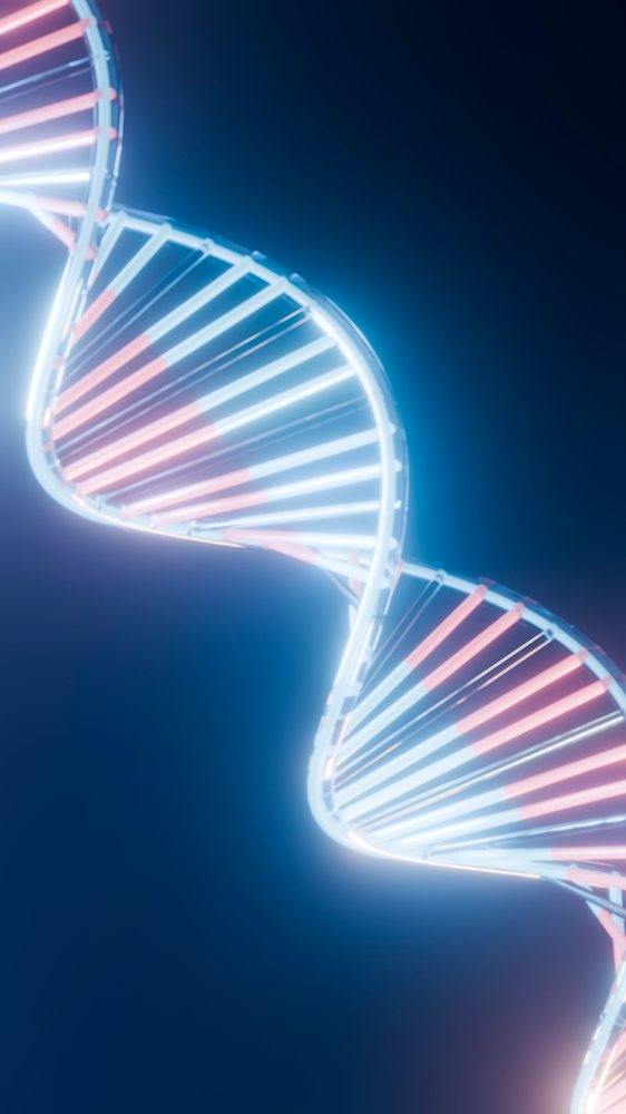 Glowing blue and pink DNA double helix strand illuminated against a dark blue background in a scientific illustration.