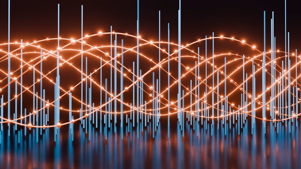 3D digital illustration showing blue vertical bars and an orange waveform with glowing dots on a dark background.
