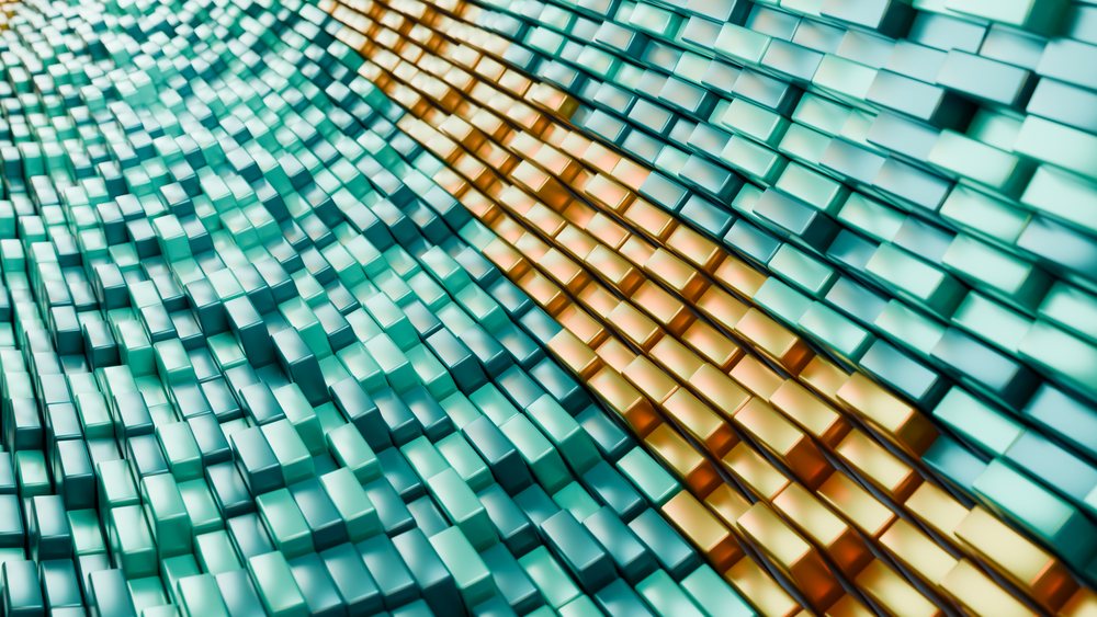 3D illustration showing an abstract pattern of blue and orange blocks forming a shiny and smooth textured surface.