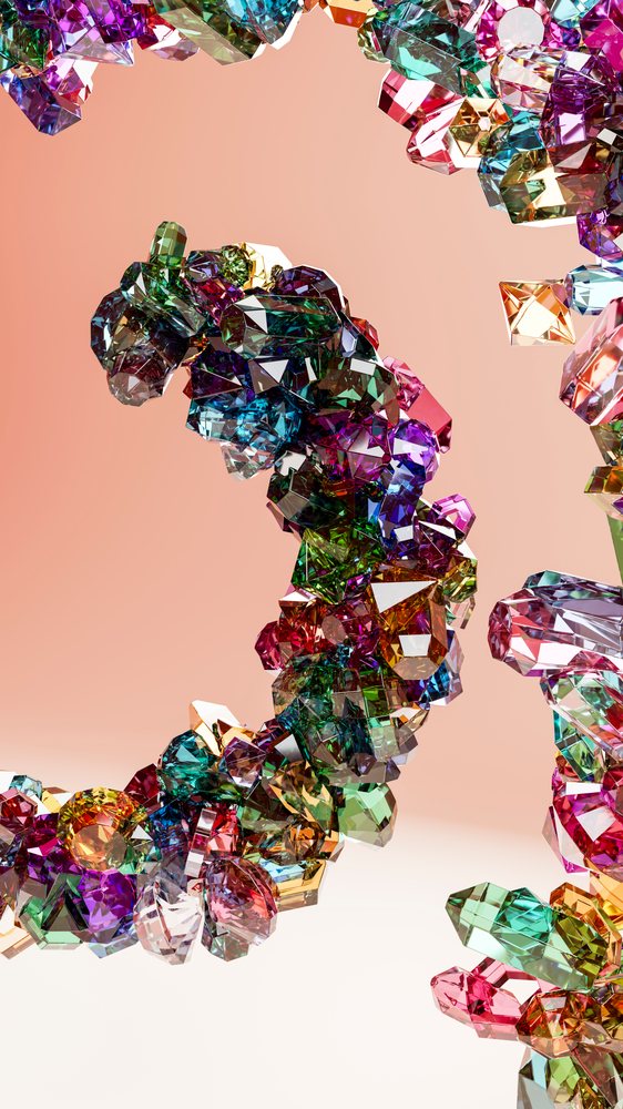 Cluster of multicolored faceted gemstones forming a decorative jewelry arrangement in digital illustration.