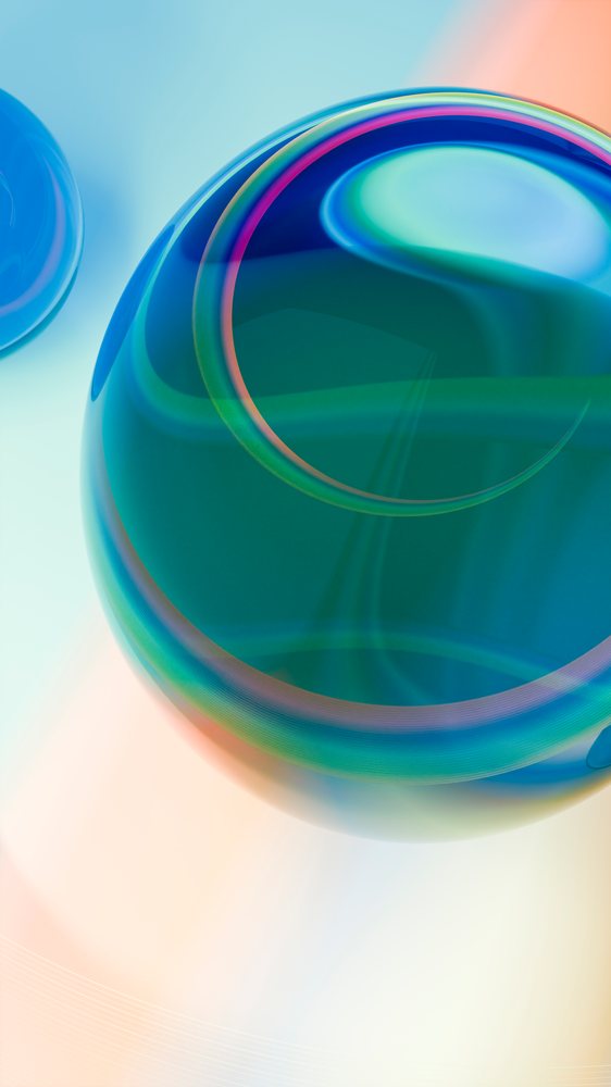 Colorful transparent blue sphere with light reflections on a soft gradient background in a digital art illustration.