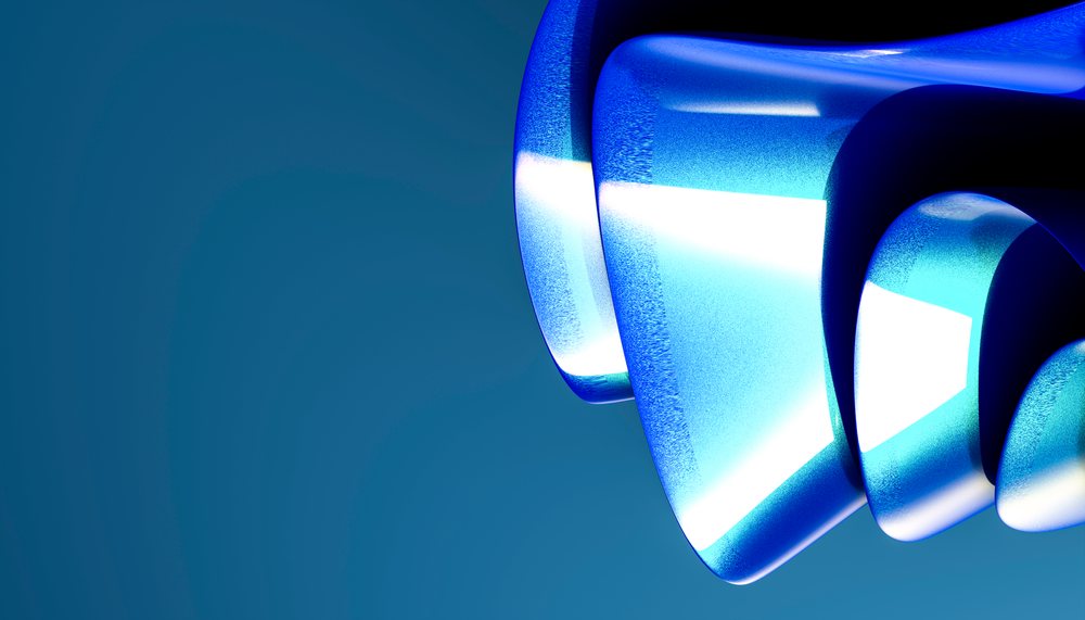 Blue abstract 3D shape with smooth, glossy surfaces and curved forms on a blue background.