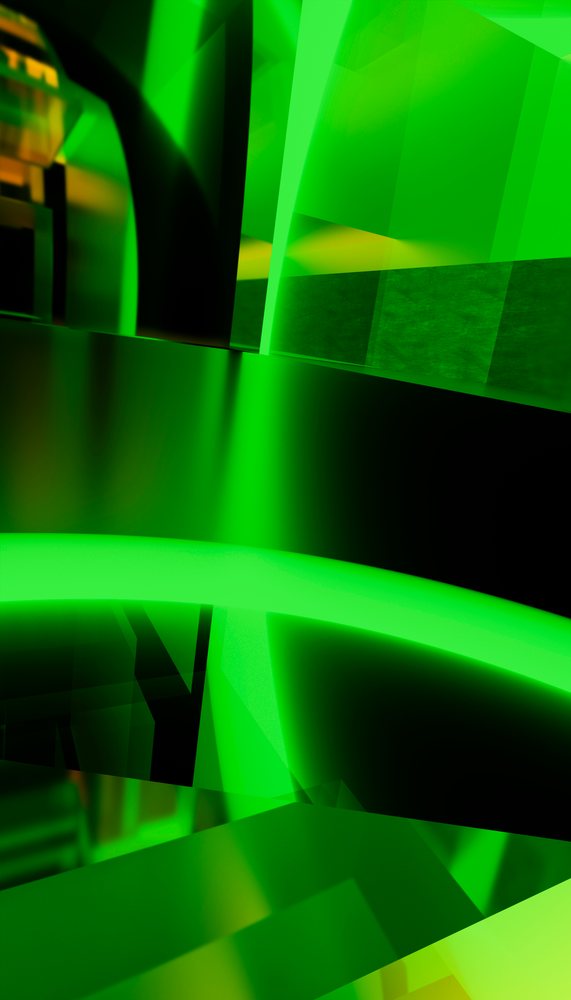 Green glowing abstract design with neon lights and geometric shapes creating a futuristic digital art composition.