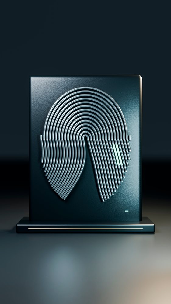 Metal sculpture with spiral patterns displayed on a black rectangular pedestal in a dark gallery setting.