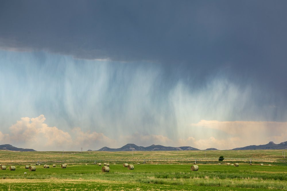 Rain curtain falling over green hay bales scattered across grassland in the Great Plains of USA during storm chasing, Tornado Alley.