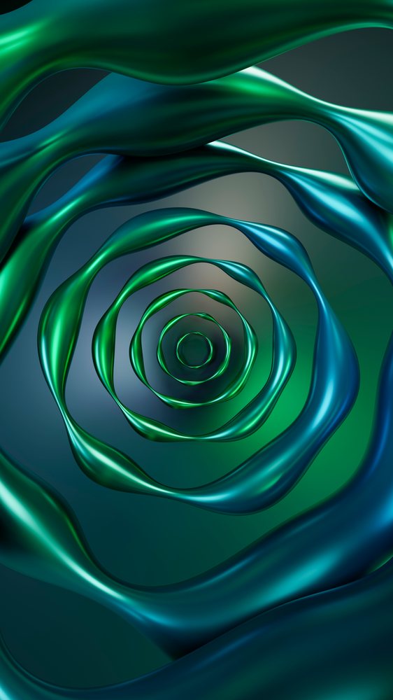 Abstract digital art depicting green and blue metallic fluid swirls forming a smooth spiral vortex pattern.
