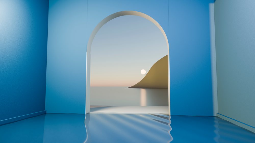 View of a calm sea and hill through an archway with water reflecting light inside a minimalist blue and white interior.