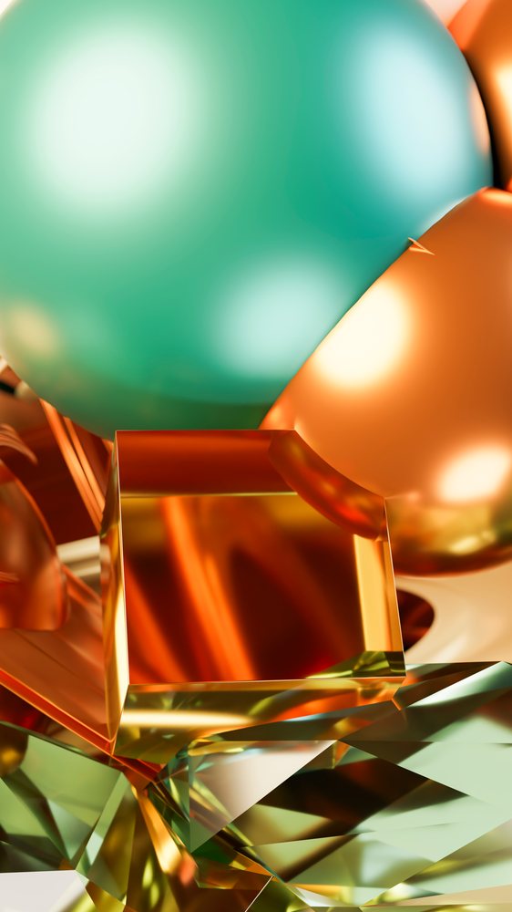 Abstract digital illustration featuring shiny metallic and glossy 3D geometric shapes with reflective surfaces.