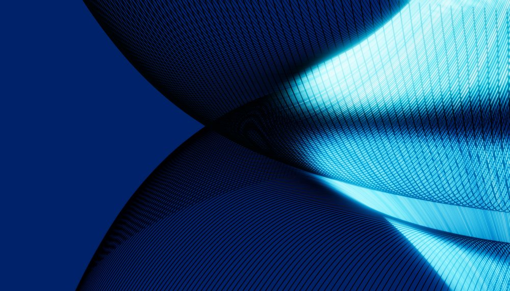 Abstract digital blue shapes with glowing curved lines and mesh patterns on a dark background.