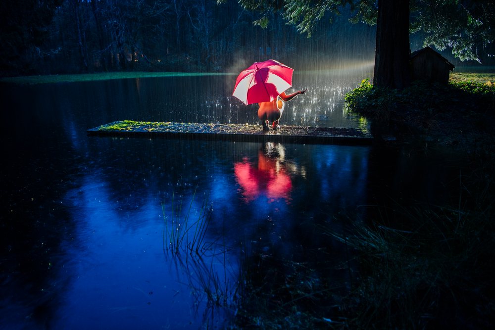 Woman red umbrella sitting on a wooden dock by water at night during rain, cosplay, nudity, freedom, expression, USA.
