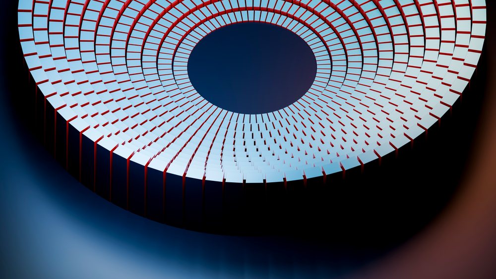 Abstract 3D digital art showing a circular pattern of rectangular blocks with red edges on a blue gradient background.