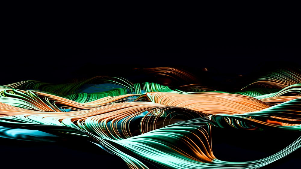 Abstract digital artwork featuring colorful flowing ribbons forming smooth, dynamic waves on a dark background.
