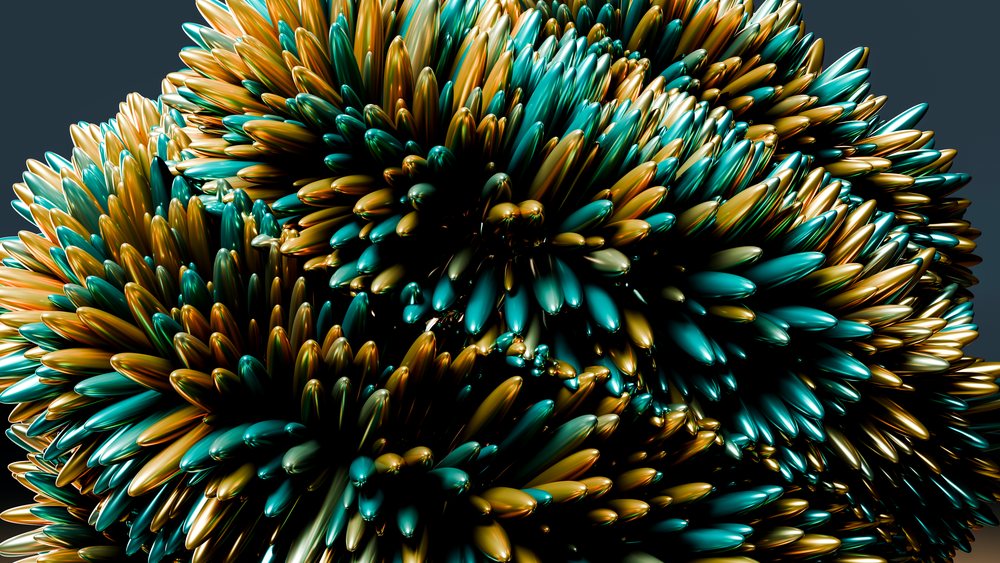 Abstract 3D metallic sculpture featuring blue and gold spiky shapes with complex patterns and a shiny reflective surface.