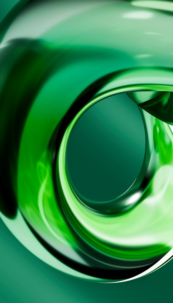 Close-up of an abstract glossy green swirl with fluid curved shapes and reflective surfaces.