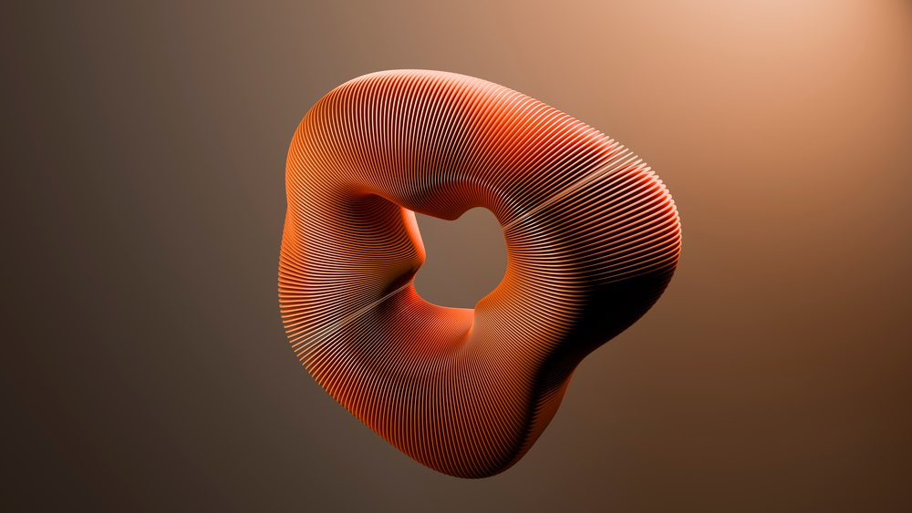 Digital 3D abstract sculpture featuring an orange curved form with layered lines on a gradient background.