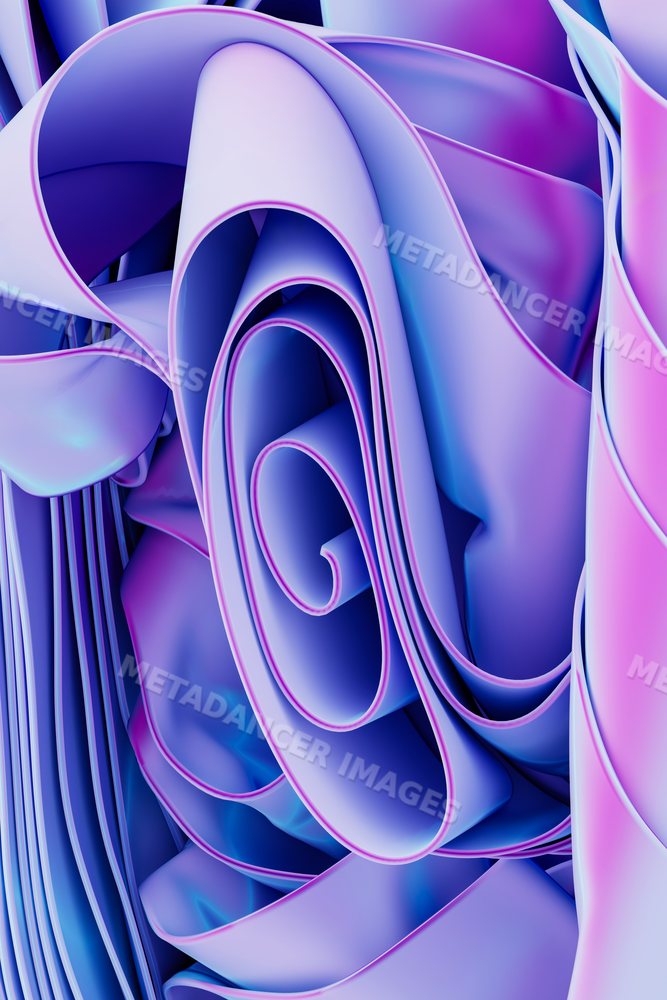 Three-dimensional abstract artwork with flowing blue and purple ribbon