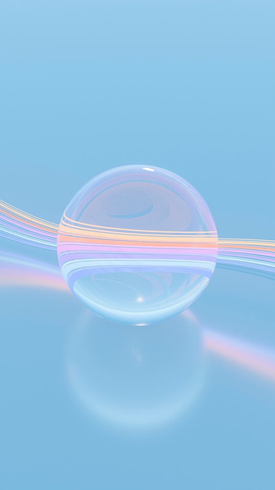 Floating transparent glass sphere with iridescent pastel stripes against a smooth blue background in a digital 3D illustration.