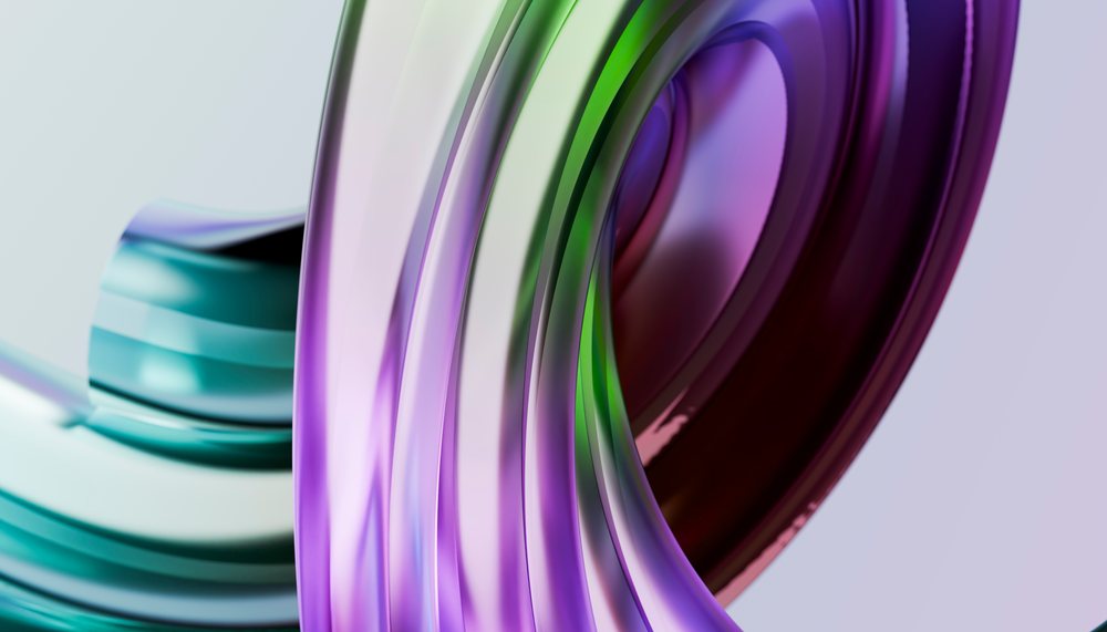 Abstract sculpture with colorful curved shapes in purple, green, and blue tones on a light background.