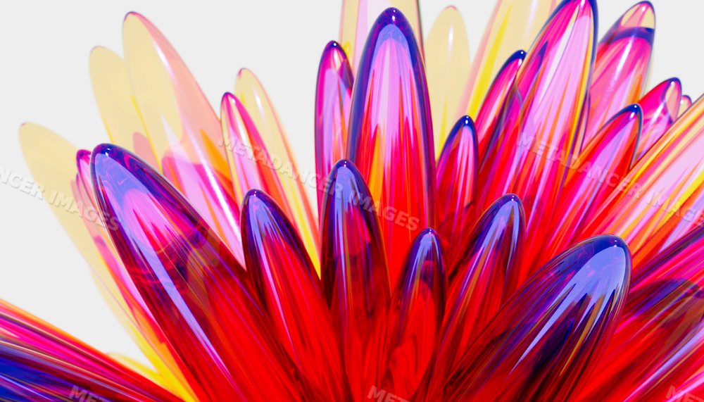 Close-up of colorful glass sculpture with red blue and yellow petals