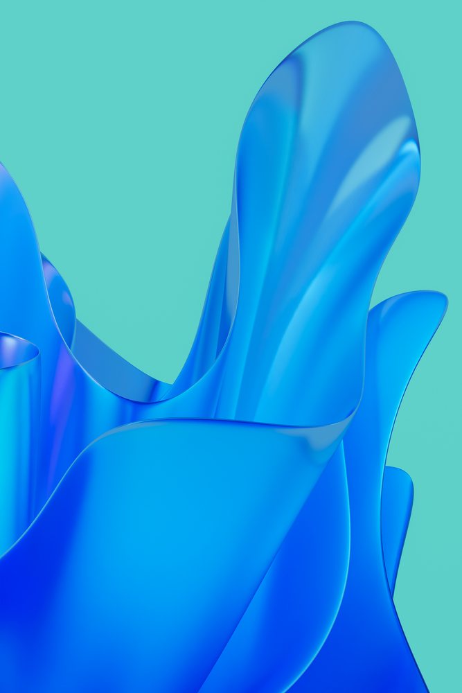 Blue abstract fluid shapes rise against a turquoise background in modern digital artwork.
