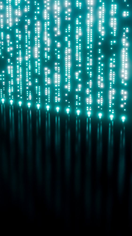 Vertical strings of glowing blue light dots form a digital abstract pattern with reflections on a dark background.