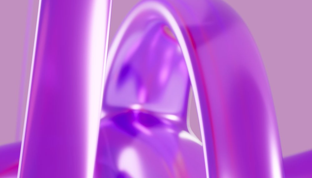 Purple glossy curved abstract sculpture with smooth and shiny surfaces in a contemporary design.