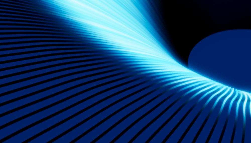 Blue glowing linear abstract curve with streaks of light on a dark background.