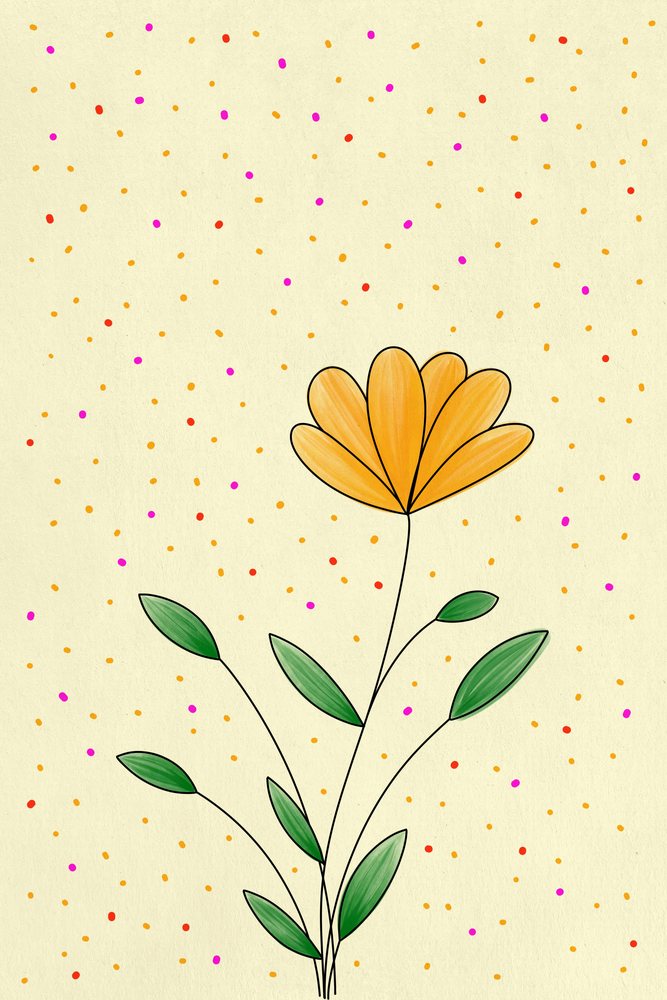 Yellow flower with green leaves illustrated on a pastel beige background with colorful dots in orange, red, and pink, illustration.