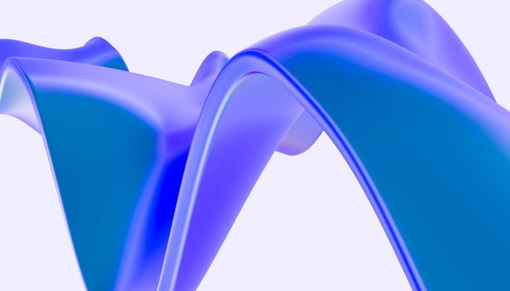 Digital 3D illustration of abstract blue twisting smooth shapes forming a colorful modern design.