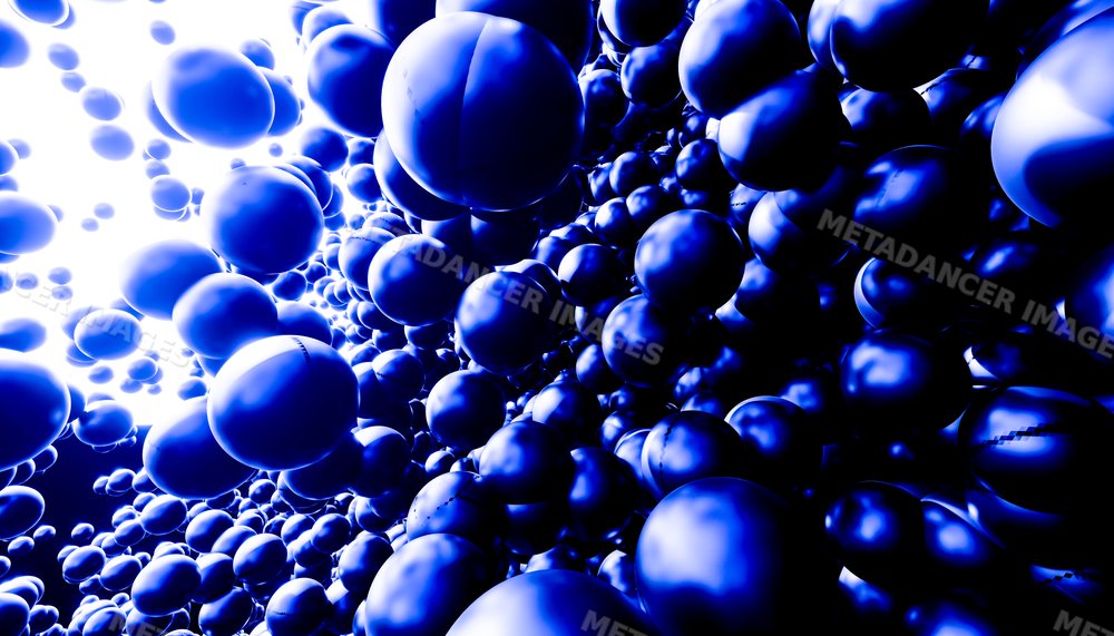 Close-up view of floating shiny blue spheres in abstract digital art