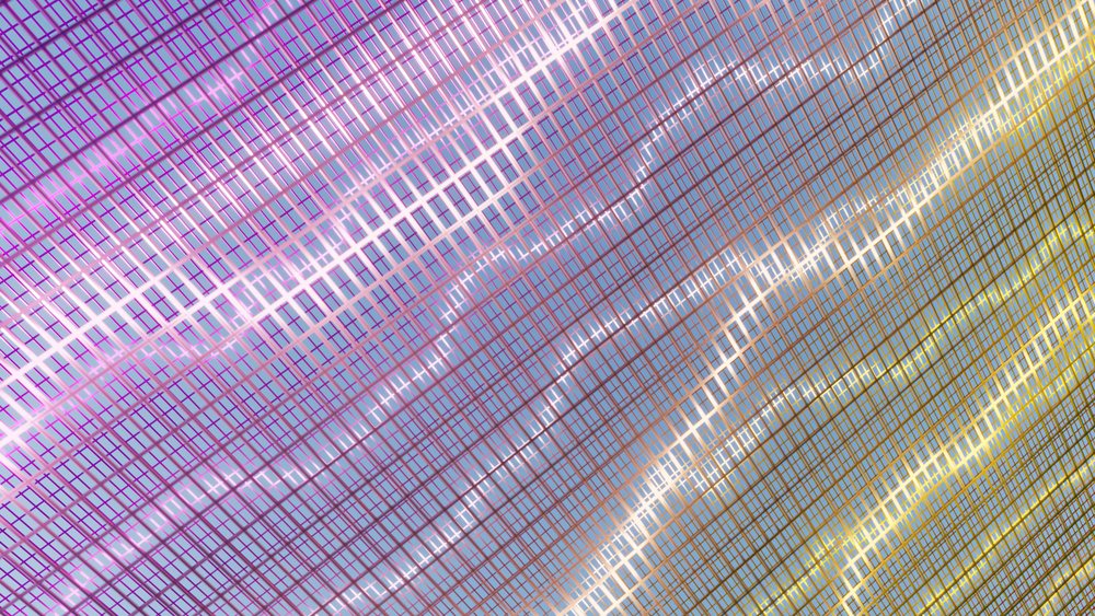 Abstract colorful grid pattern with purple and yellow curved lines creating a vibrant digital art background.