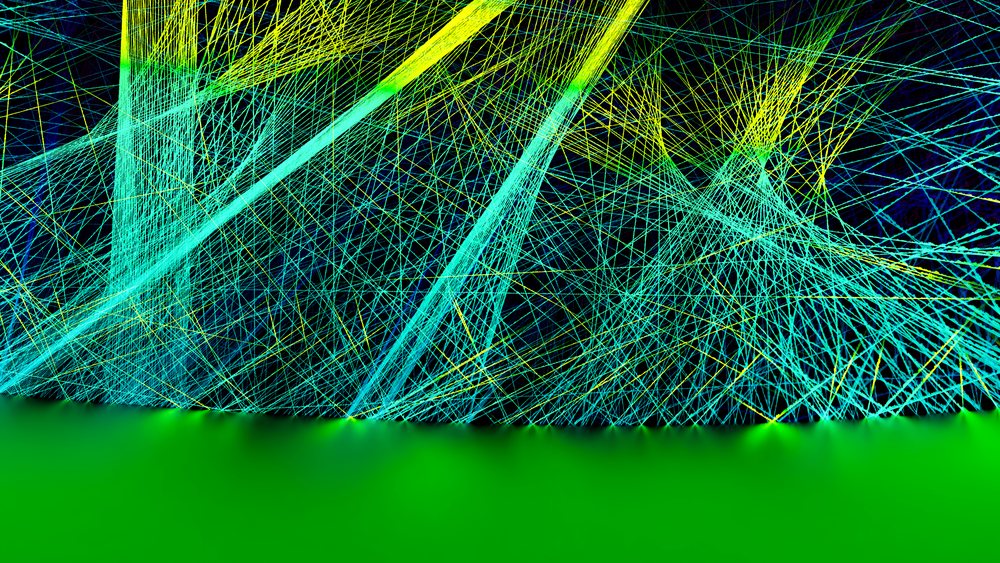 Colorful digital network visualization showing interconnected data strands over a green background.