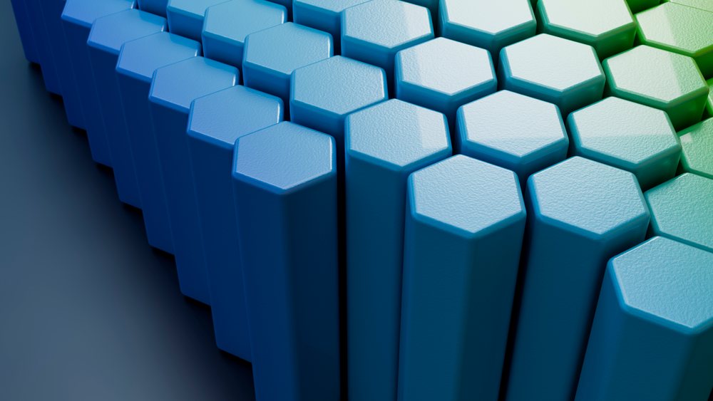 Blue hexagonal columns with smooth textured surfaces arranged in a uniform repeating pattern in a digital illustration.