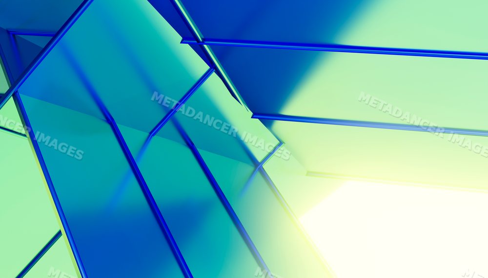 A digital rendering of blue geometric glass panels in bright light