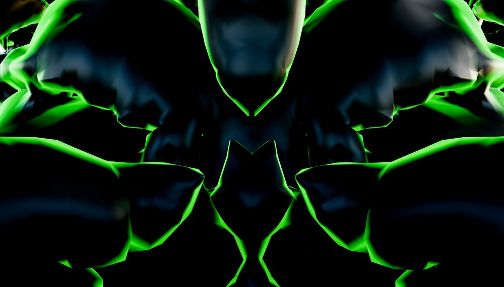 Abstract symmetrical 3D rendering with glowing green edged black shapes on a dark background.