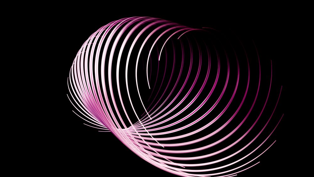 Pink and purple curved light trails create a dynamic abstract pattern on a dark background with motion blur effects.