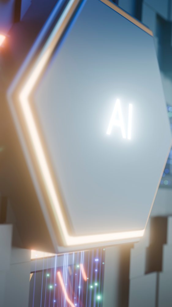 Glowing hexagon panel with AI text, AI, hardware, compute, data center.