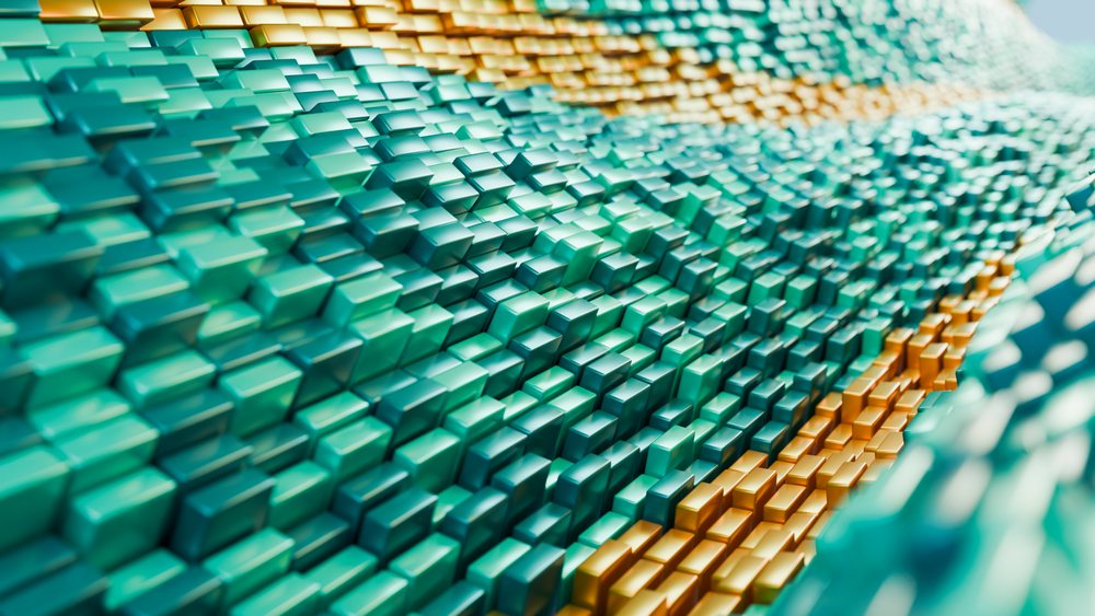 Colorful 3D blocks create a textured wave pattern in a modern digital abstract illustration.