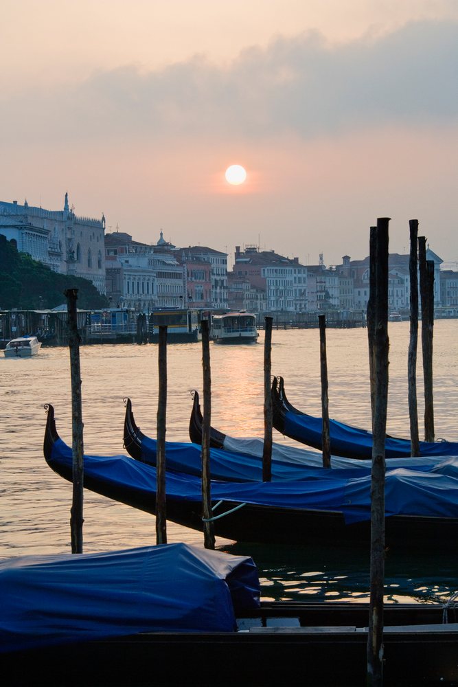 Six gondolas covered with blue tarps moored on a canal at sunset in Venice, with historic buildings along the waterfront, Veneto, Italy.