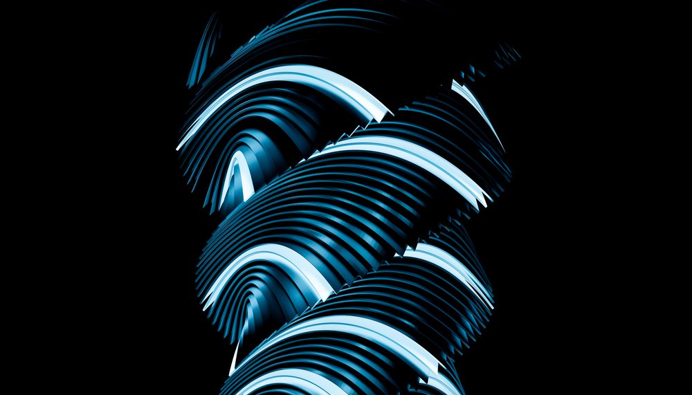 Abstract digital art showing blue spiral curves and glowing light streaks on a black background.