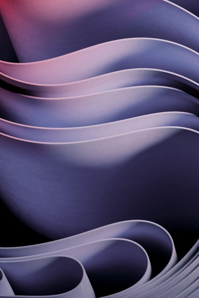 Abstract render of layered, flowing curved shapes in purple hues with red lighting highlights.