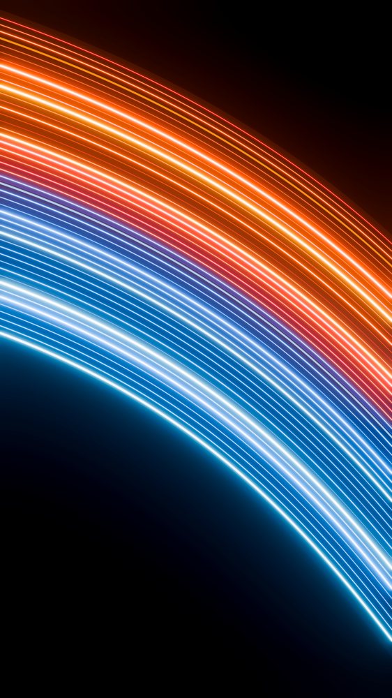 Curved glowing light trails in red, orange, blue, and white against a black background.