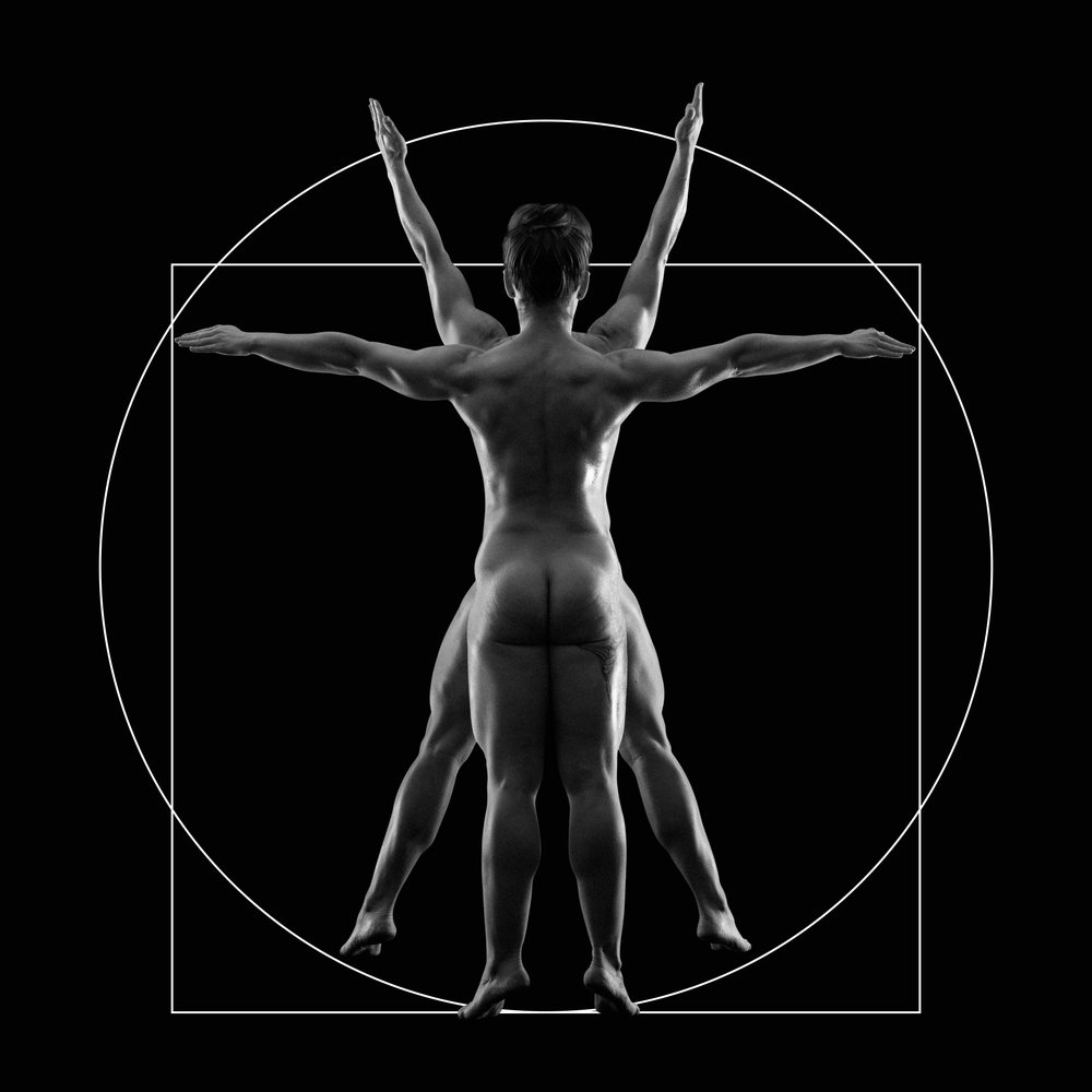 Two nude women perform a partner acrobatics yoga pose Vitruvian woman  against a black background, body positivity.
