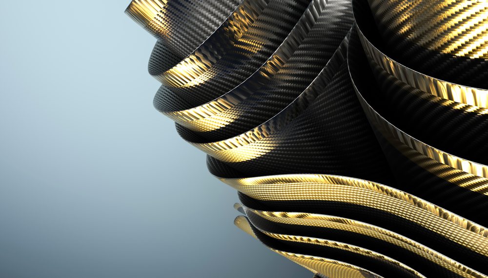 Twisted black fiber material with glowing gold edges and smooth curves on a light blue background.
